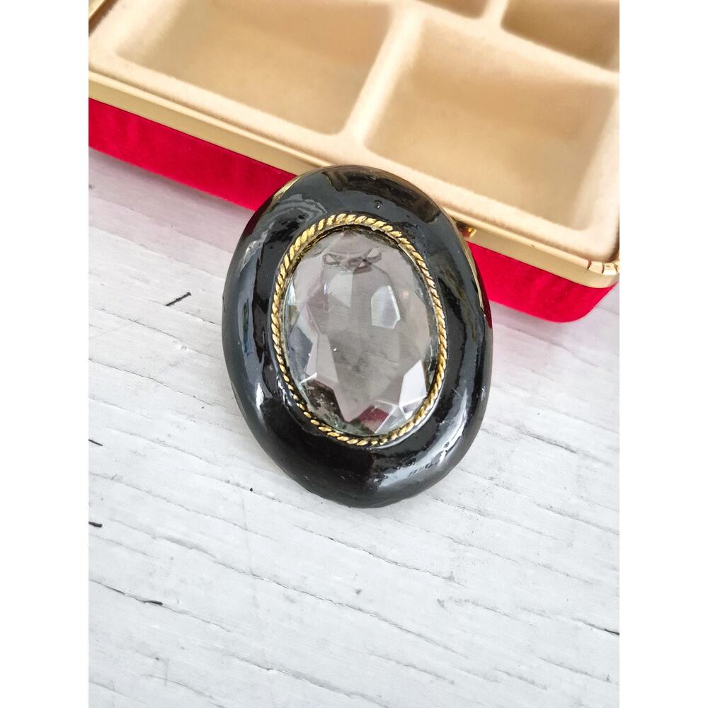 Vintage Black Enamel Light Blue Mourning JAN Designer Brooch